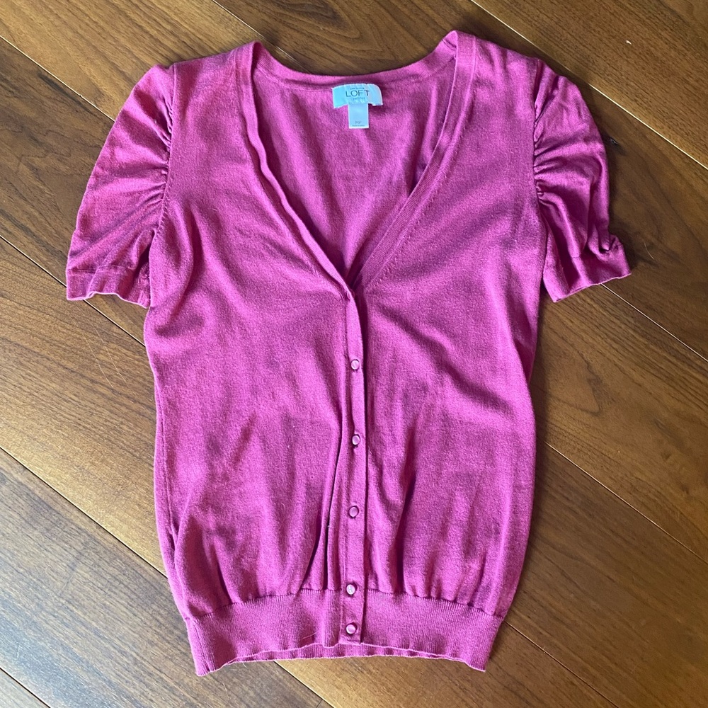 [Ann Taylor LOFT] Pink V-Neck Cardigan with Short Ruched Sleeves